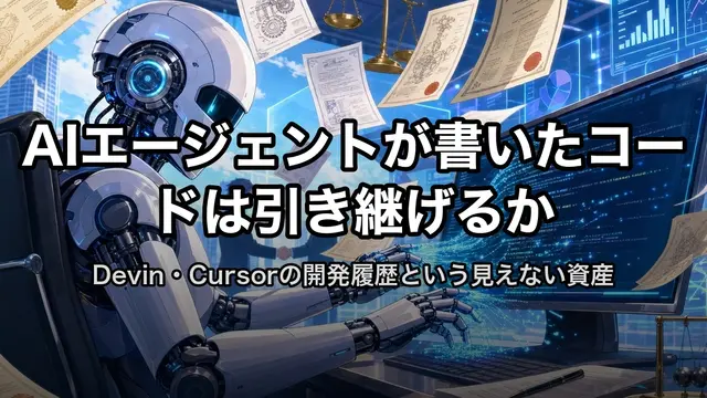 AIエージェントが書いたコードは引き継げるか

<!-- 旧H1: AIエージェントが書いたコードの資産価値（#37 Vibe Coding回と「資産価値」が衝突するため、本稿固有の検索意図「開発履歴／引き継ぎ／統制」を所有するよう変更） -->
<!-- スラッグ /column/ai-agent-code-development-history-valuation は維持 -->