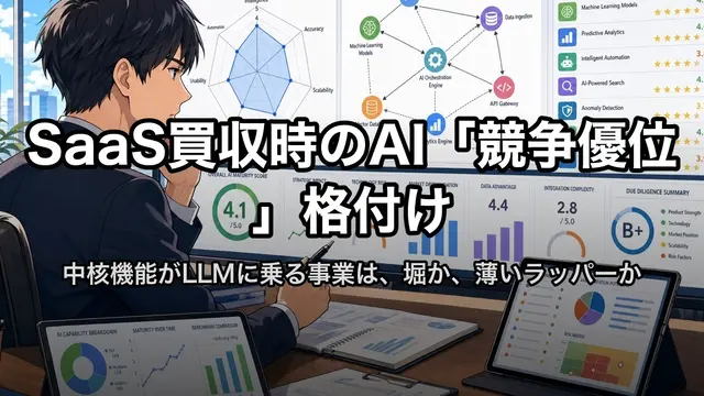 SaaS買収時のAI“競争優位”格付け

<!-- 旧H1: SaaS買収時の“AI機能依存度”スコアリング（#41 LLM API依存度回と「依存度」が衝突するため、本稿固有の検索意図「競争優位／格付け／堀」を所有するよう変更） -->
<!-- スラッグ /column/ai-saas-dependency-scoring-rating は維持 -->