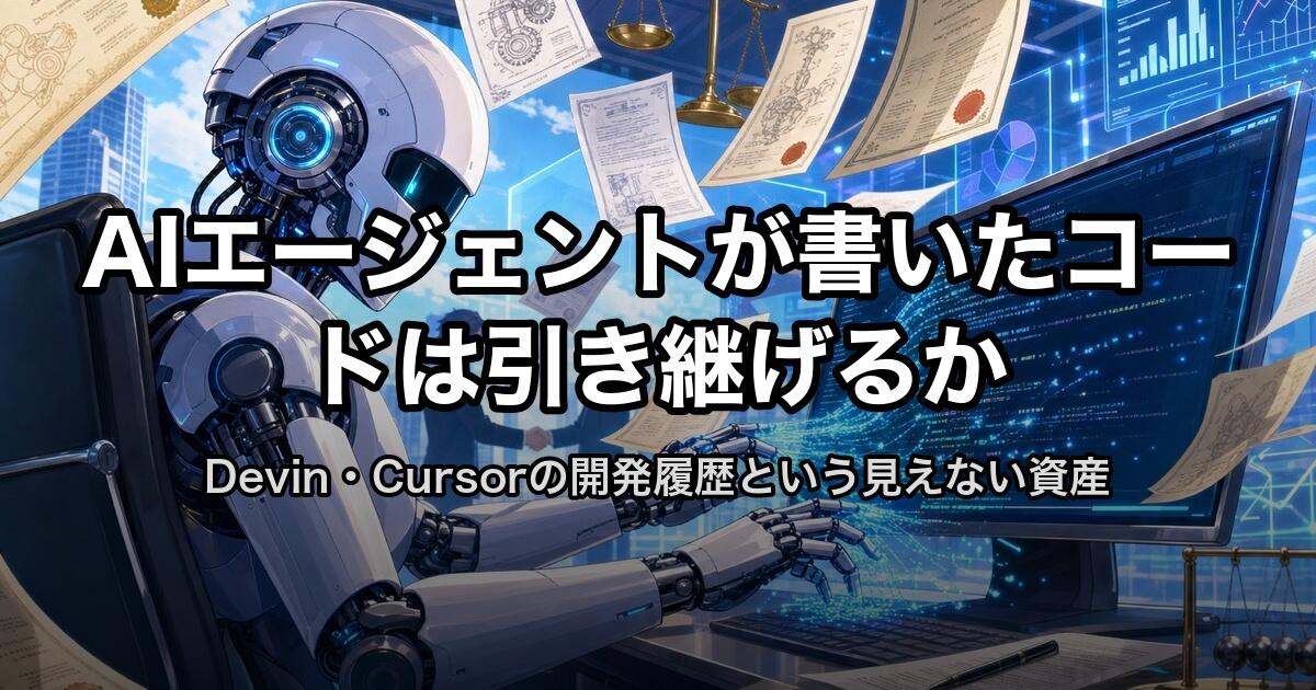 AIエージェントが書いたコードは引き継げるか

<!-- 旧H1: AIエージェントが書いたコードの資産価値（#37 Vibe Coding回と「資産価値」が衝突するため、本稿固有の検索意図「開発履歴／引き継ぎ／統制」を所有するよう変更） -->
<!-- スラッグ /column/ai-agent-code-development-history-valuation は維持 -->