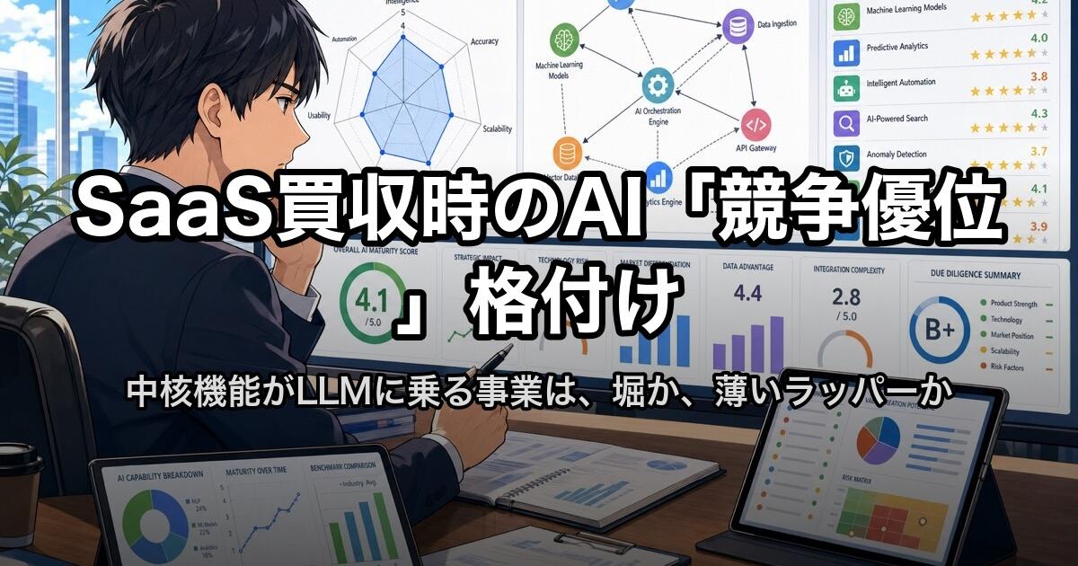 SaaS買収時のAI“競争優位”格付け

<!-- 旧H1: SaaS買収時の“AI機能依存度”スコアリング（#41 LLM API依存度回と「依存度」が衝突するため、本稿固有の検索意図「競争優位／格付け／堀」を所有するよう変更） -->
<!-- スラッグ /column/ai-saas-dependency-scoring-rating は維持 -->