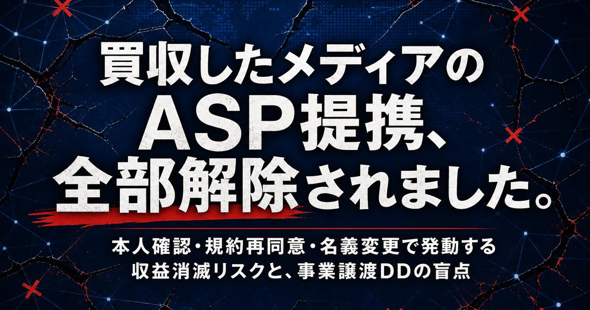 買収したメディアのASP提携、全部解除されました。── 本人確認・規約再同意・名義変更で発動する収益消滅リスクと、事業譲渡DDの盲点