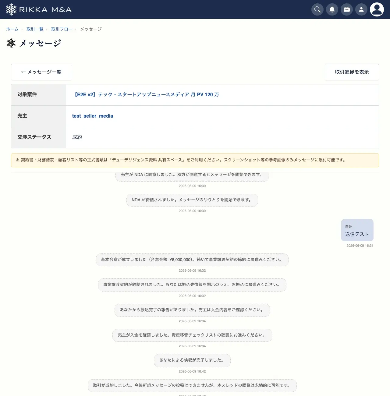 取引のメッセージスレッド